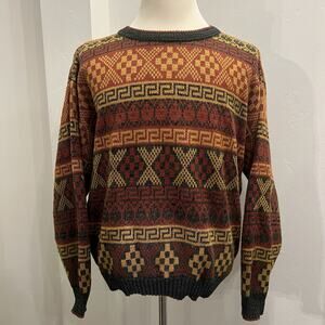 Vintage Atlantic Traders Knit Sweater Mens XL Brown Aztec Fair Isle